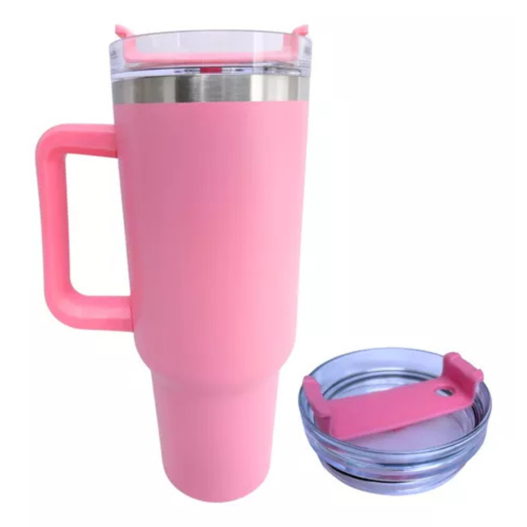 Personalizado - Copo Quencher Caneca Térmica Inox com Alça e Canudo (1200 ml) - Rosa