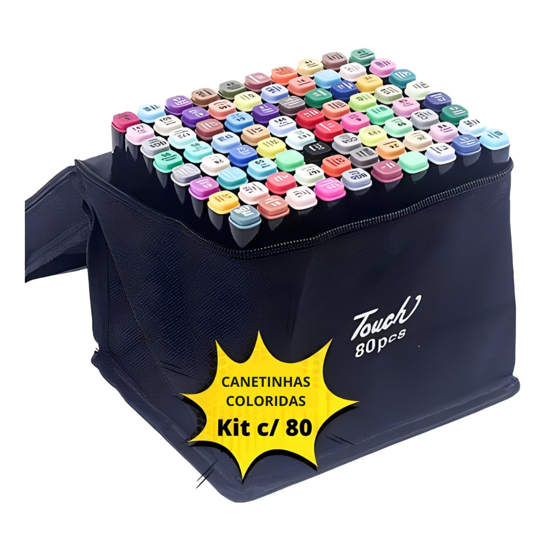 Kit Caneta Colorida Ponta Dupla 80Pçs com Estojo