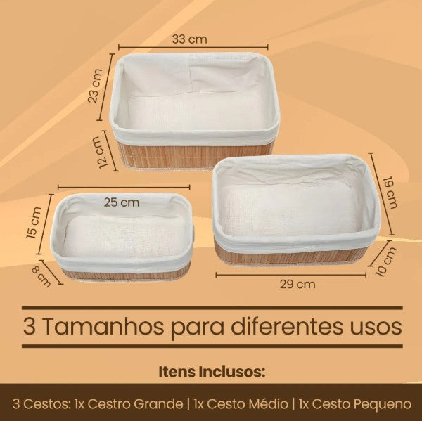 Kits de 3 Cestos de Bambu Organizadores Bambu Multiuso Com Forro BM-F1101