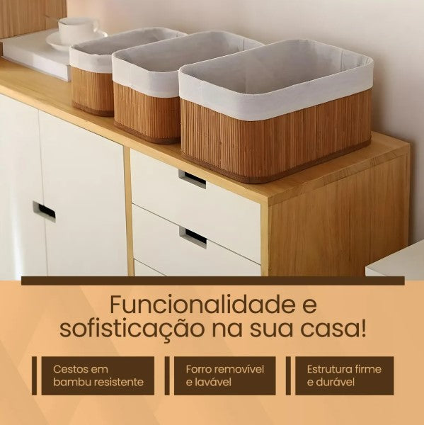 Kits de 3 Cestos de Bambu Organizadores Bambu Multiuso Com Forro BM-F1101