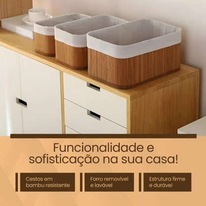 Kits de 3 Cestos de Bambu Organizadores Bambu Multiuso Com Forro BM-F1101
