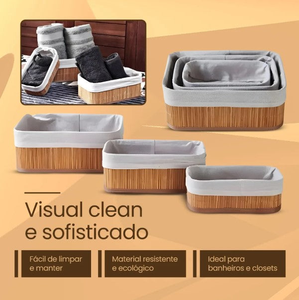 Kits de 3 Cestos de Bambu Organizadores Bambu Multiuso Com Forro BM-F1101