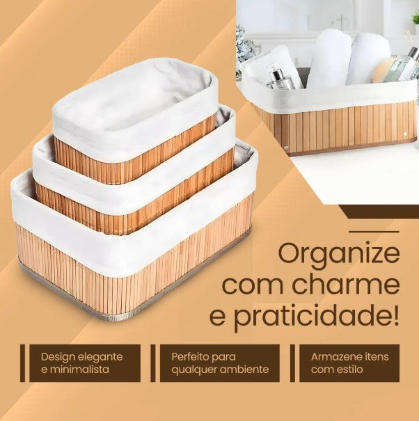 Kits de 3 Cestos de Bambu Organizadores Bambu Multiuso Com Forro BM-F1101